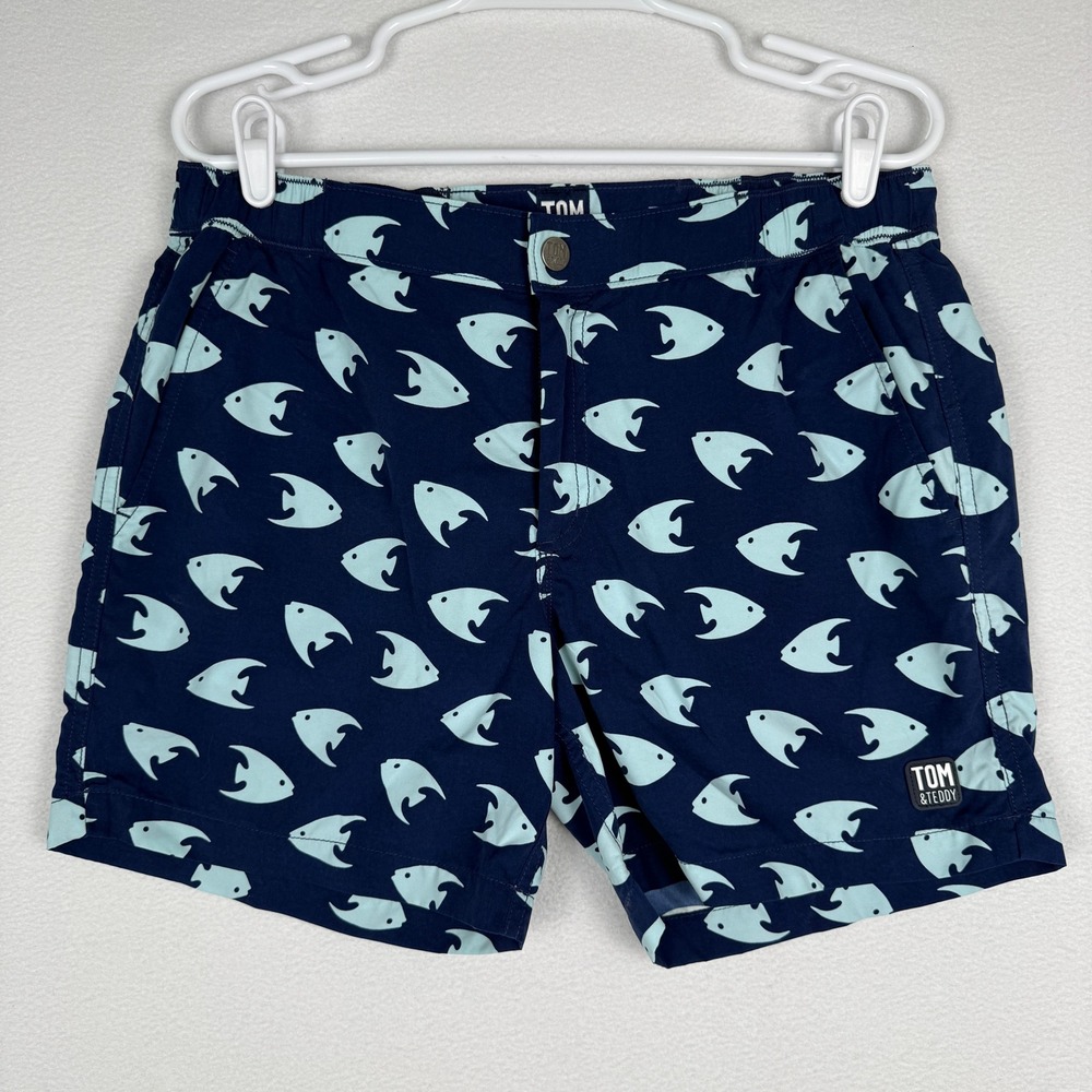 Tom & Teddy Mens M Navy Blue Angelfish AOP Tailored‎ Swim Trunks Board Shorts